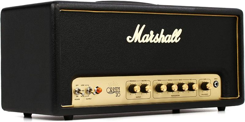 Photo 1 of Marshall ORI20H Origin 20-watt Tube Head
Packed with 3 ECC83 preamp tubes and 2 EL34 power tubes
Separate Gain and Master controls for dialing in the right amount of crunch
Presence knob and 3-band EQ for shaping your tone
Unique Tilt control blends brigh