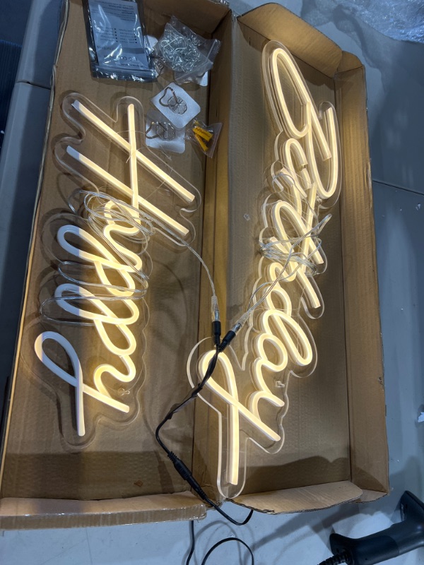 Photo 2 of VEVOR Happy Birthday Neon Sign, 18" x 8" + 26" x 7.5" Warm White LED Neon Lights Signs, Adjustable Brightness with Remote Control & Power Adapter, Used for Party, Club, Celebration and Decoration