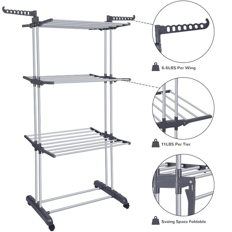 Photo 1 of Bigzzia Foldable Clothes Laundry Rack 3 Tier Clothes Drying Rack with Stainless Steel Hanging Rods, Drying Rck for ClothesGray