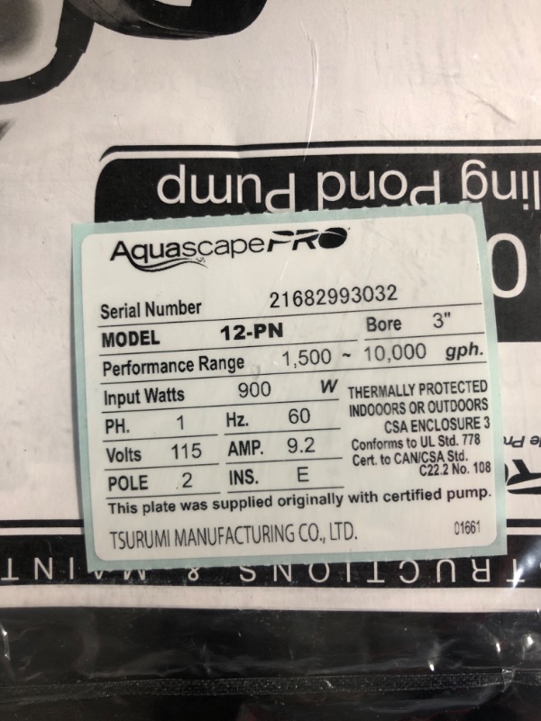 Photo 3 of Aquascape Tsurumi 12PN 1hp, 115V, Submersible Pond & Waterfall Pump, high Flow, 11,500 GPH, 3" Discharge