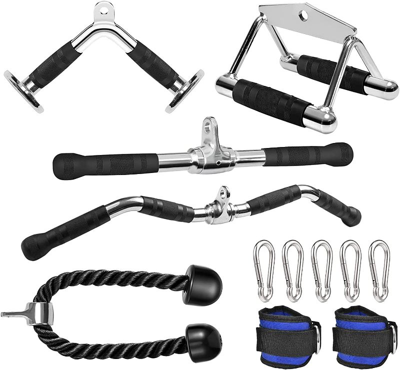 Photo 1 of 6 Pieces Cable Machine Accessories Set - LAT Bar Cable Machine Attachment, Double D Handle, V-Shaped Bar, Tricep Rope, Rotating Straight Bar & Ankle Straps