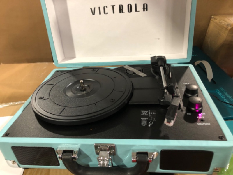 Photo 1 of Victrola Vintage 3-Speed Bluetooth Portable Suitcase Record Player with Built-in Speakers | Upgraded Turntable Audio Sound| Includes Extra Stylus | Turquoise, Model Number: VSC-550BT