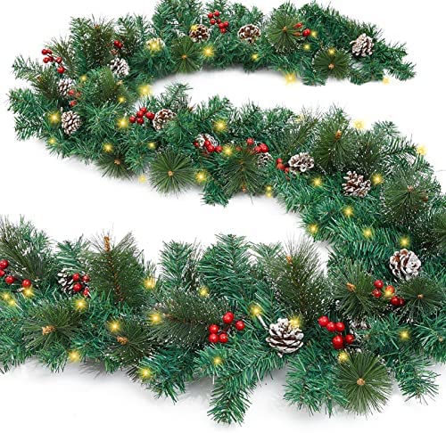 Photo 1 of 9 ft Pre-lit Christmas Garland Decoration with 50 Warm Lights, Battery Operated Waterproof Artificial Bushy Xmas Garlands, Lighted Bendable Christmas Garland with Timer, Indoor/Outdoor/Home/Fireplace