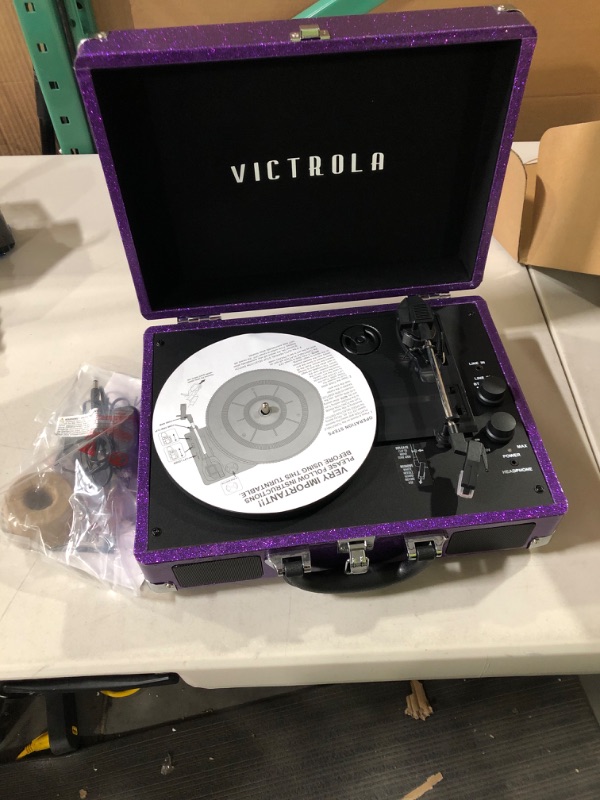 Photo 2 of Victrola Vintage 3-Speed Bluetooth Portable Suitcase Record Player with Built-in Speakers | Upgraded Turntable Audio Sound| Includes Extra Stylus | Purple Glitter (VSC-550BT-GPR), 1SFA Purple Glitter Record Player