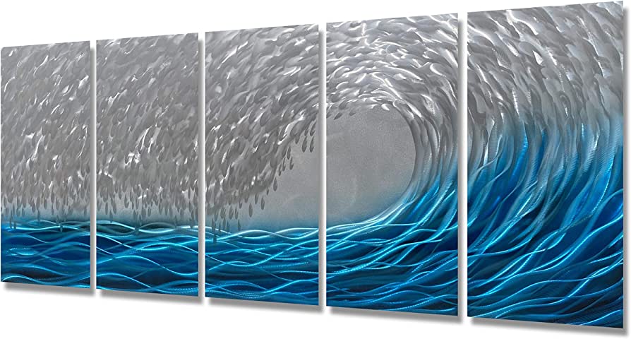 Photo 1 of BATRENDY ARTS Handmade Silver and Blue Waves Metal Wall Art 3D Decorative Hanging Artwork Large Home Decor in Ocean Design for Office Living Room Decoration