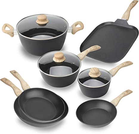 Photo 1 of 10 Piece Cookware Set- Non Stick Pots and Pans Set including Sauce Pans and Dutch Oven with Glass Lids, Griddle Pan, Frying Pans, Complete Cooking Set with Bakelite Handles 