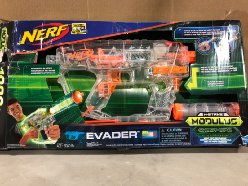 Photo 3 of * Used * NERF Modulus Ghost Ops Evader Motorized Blaster -- Light-Up See-Through Blaster and Barrel Extension,
