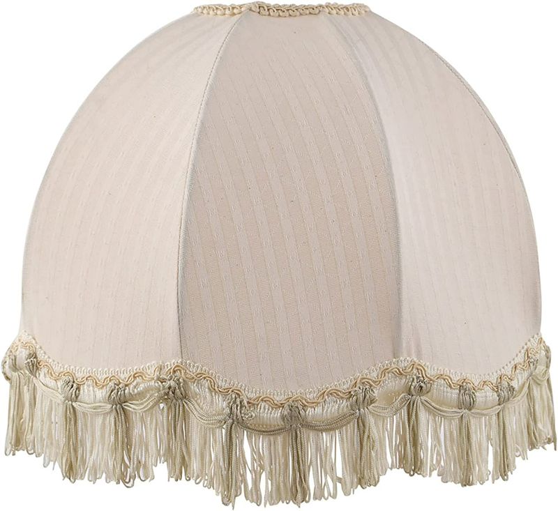 Photo 1 of Aspen Creative 34501, Handsewn Off-White Spider Lamp Shade/Jacquard Textured Fabric with Fringe, 4" Top x 13" Bottom x 10" Slant Height.