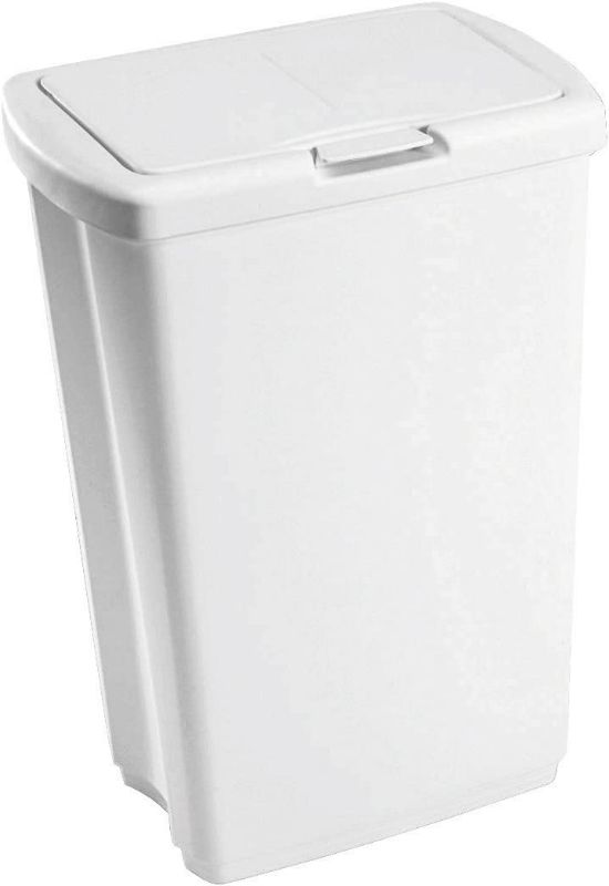 Photo 1 of 13.25 Gal White Plastic Spring Top Wastebasket and broom and dust pan