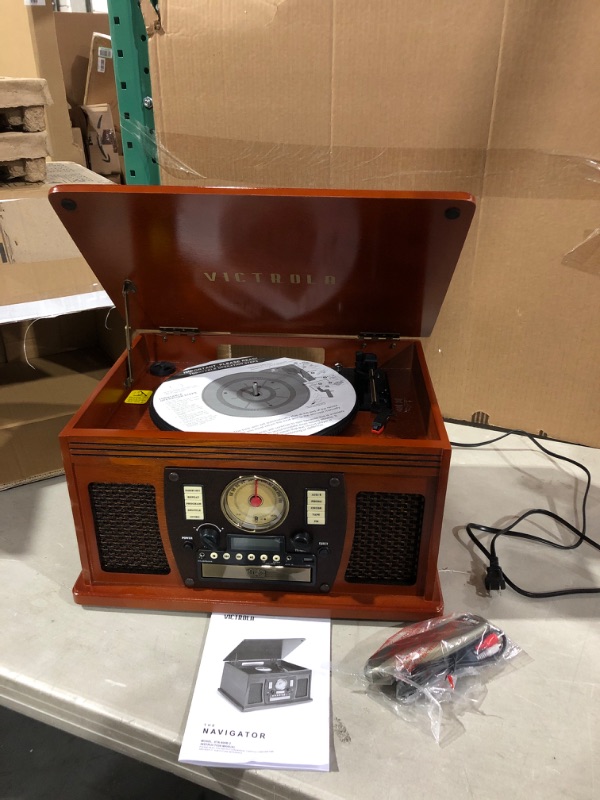 Photo 2 of Victrola Navigator 8-in-1 Classic Bluetooth Record Player with USB Encoding and 3-Speed Turntable Bundle with Victrola Wooden Stand for Wooden Music Centers with Record Holder Shelf, Mahogany