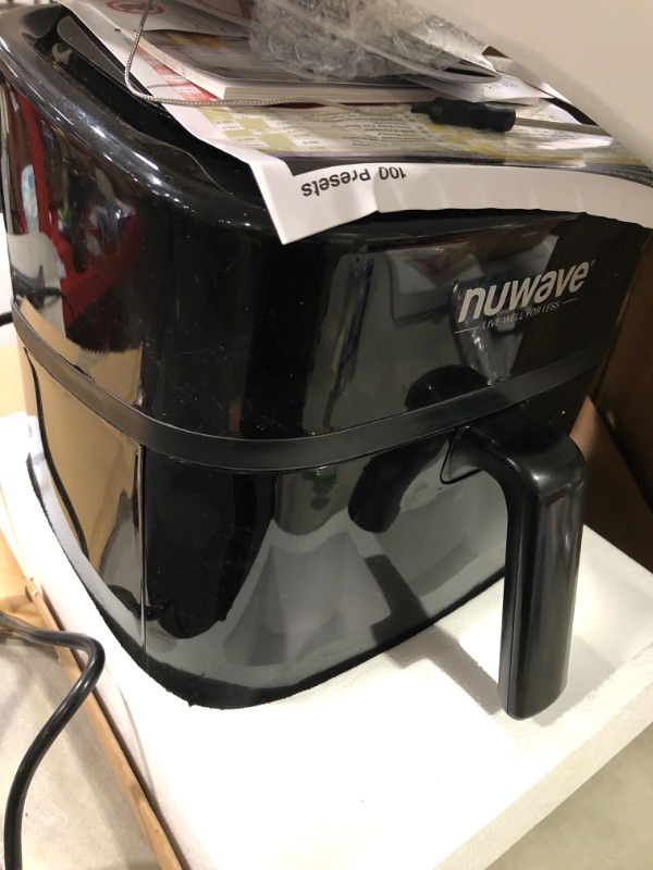 Photo 2 of **USED** Nuwave Brio 8-Qt Air Fryer, Powerful 1800W, Easy-to-Read Cool White Display, 50°-400°F Temp Controls, 100 Pre-Programmed Presets & 50 Memory Slots, Integrated Smart Thermometer, Linear T Technology