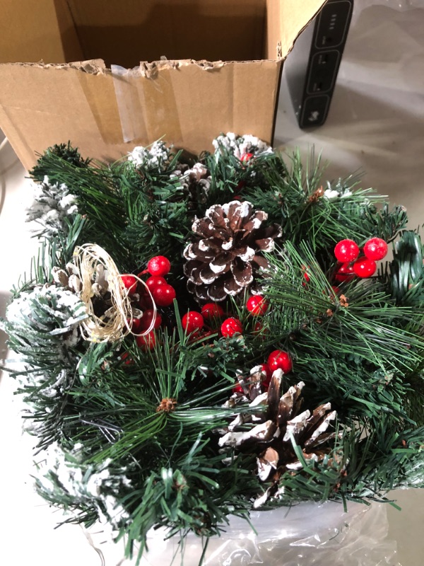 Photo 2 of Artificial Christmas Hanging Basket, Decorated with Frosted Pine Cones, Berry Clusters, 30 LED String Lights, Front Porch Christmas Outdoor Decorations for Garden Patio Lawn