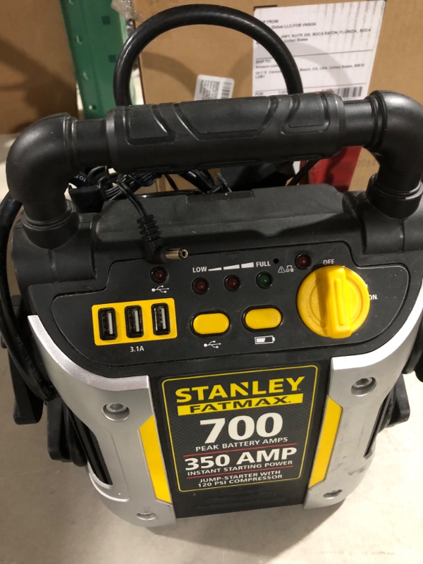 Photo 2 of STANLEY FATMAX J7CS Portable Power Station Jump Starter: 700 Peak/350 Instant Amps, 120 PSI Air Compressor, 3.1A USB Ports, Battery Clamps