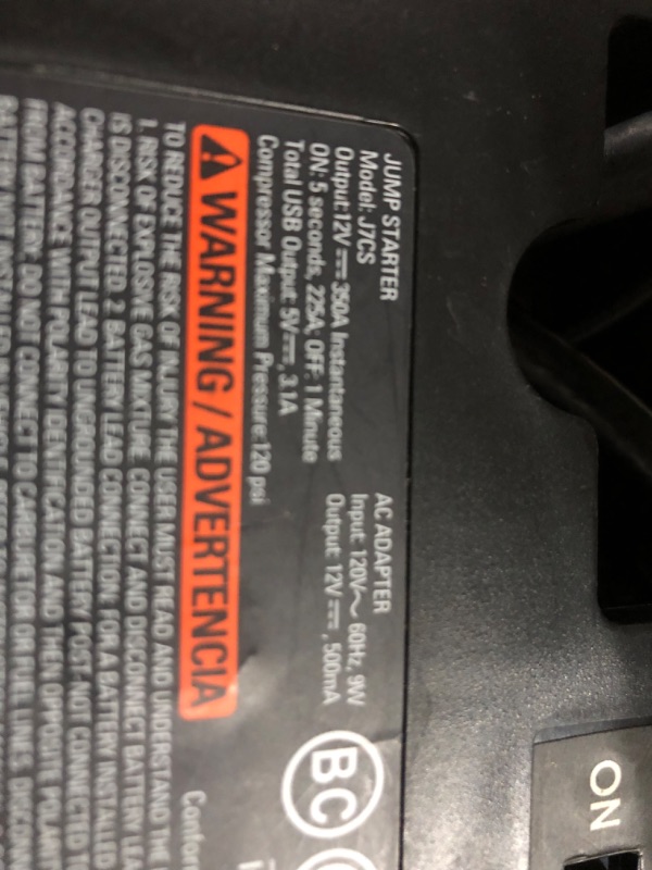 Photo 3 of STANLEY FATMAX J7CS Portable Power Station Jump Starter: 700 Peak/350 Instant Amps, 120 PSI Air Compressor, 3.1A USB Ports, Battery Clamps