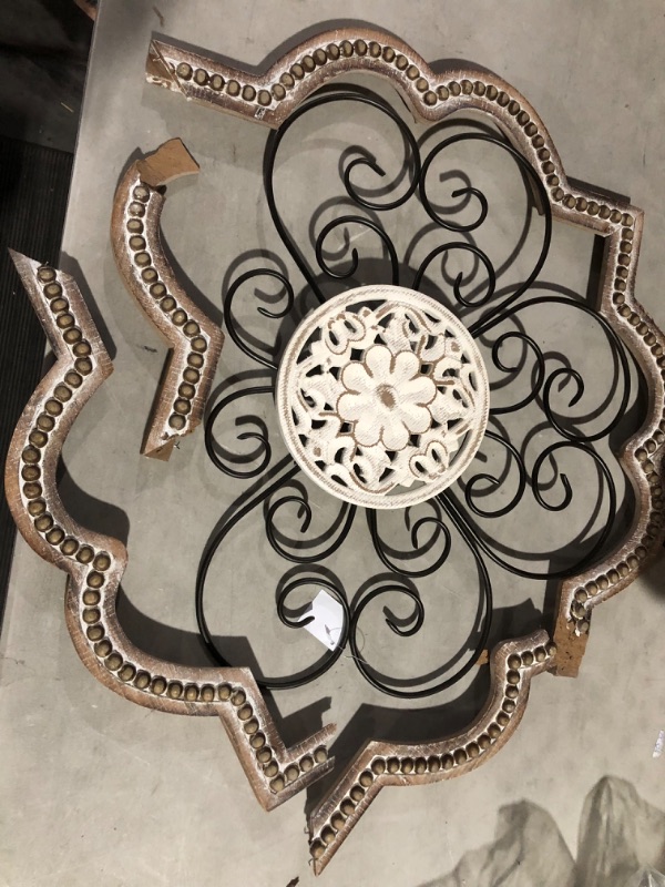 Photo 3 of **DAMAGED/SEE NOTES** Deco 79 Wood Scroll Carved Beading Wall Decor with Metal Accents, 27" x 1" x 27", Brown
