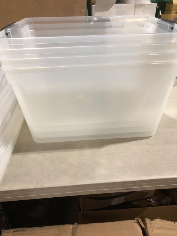 Photo 8 of (Similar to stock photos see photos)
Rubbermaid Cleverstore Clear 71 Qt/18 Gal, Pack of 4 Stackable Large Storage Containers with Durable Latching Clear Lids, Visible Storage, Great for Tools, Sports Equipment, and Large Items 71 Qt - 4 Pack