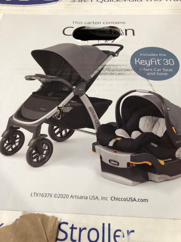 Photo 3 of Chicco Bravo 3-in-1 Trio Travel System, Bravo Quick-Fold Stroller with KeyFit 30 Infant Car Seat and base, Car Seat and Stroller Combo | Camden/Black Camden Bravo