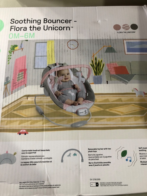 Photo 2 of Ingenuity Soothing Baby Bouncer with Vibrating Infant Seat, Music, Removable -Toy Bar & 2 Plush Toys - Flora the Unicorn (Pink), 0-6 Months