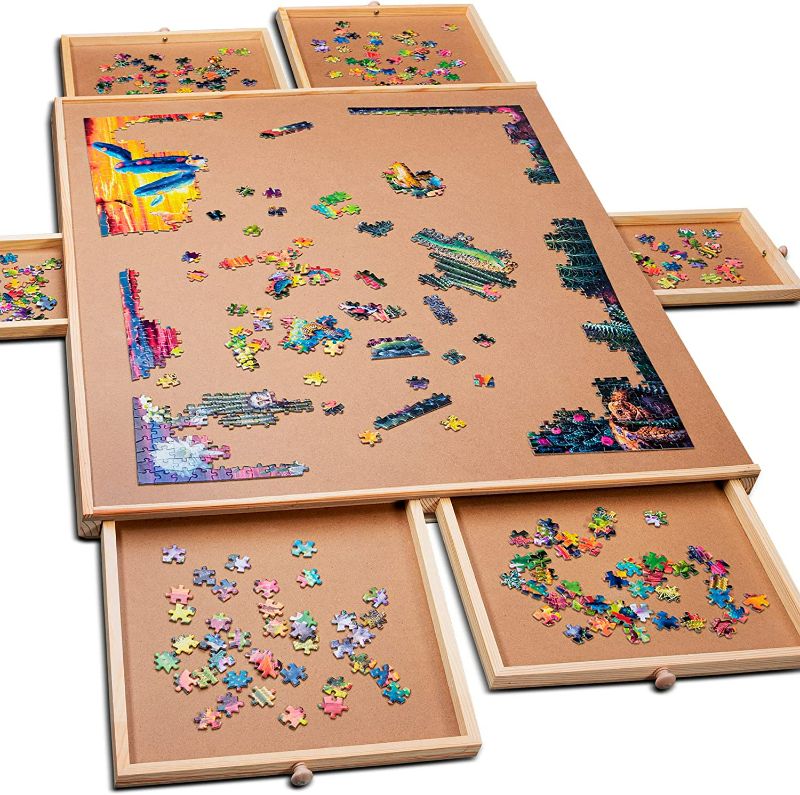 Photo 1 of 1500 Piece Wooden Jigsaw Puzzle Table - 6 Drawers, Puzzle Board | 27” X 35” Jigsaw Puzzle Board Portable