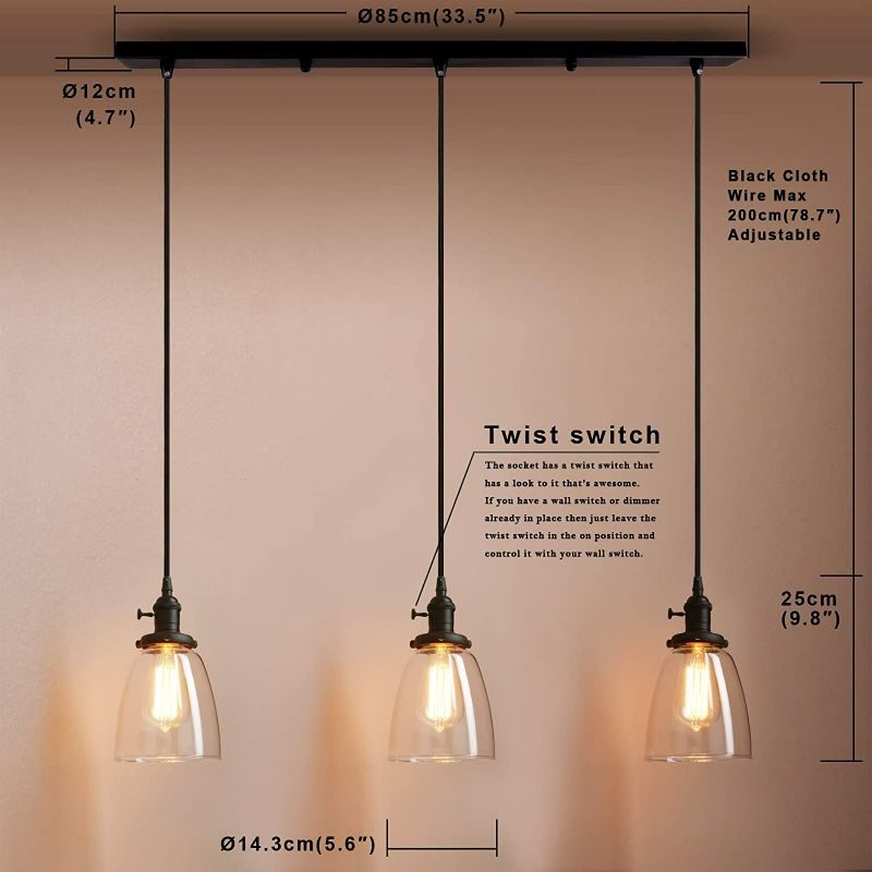 Photo 2 of 3-Pack Industrial Pendant Lights, Seeded Glass Pendant Lamp Shade, Modern Indoor Hanging Light Fixtures, Bulbs Not Included