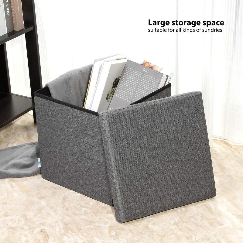 Photo 2 of B FSOBEIIALEO Storage Ottoman with Tray, Small Ottomans Cube Folding Coffee Table Foot Stool Footrest Seat, Dark Grey Linen 16"X15.7"x15" Grey-square