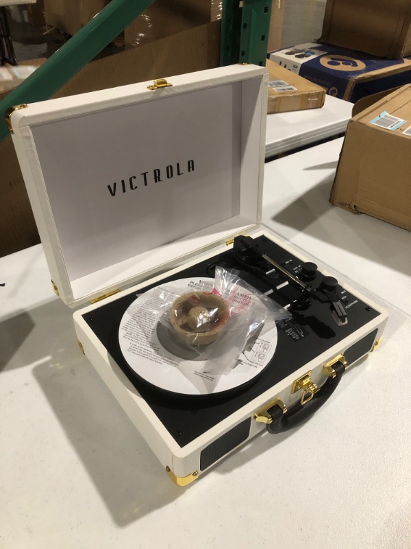 Photo 2 of Victrola Vintage 3-Speed Bluetooth Portable Suitcase Record Player with Built-in Speakers | Upgraded Turntable Audio Sound| White (VSC-550BT-WH) White Record Player