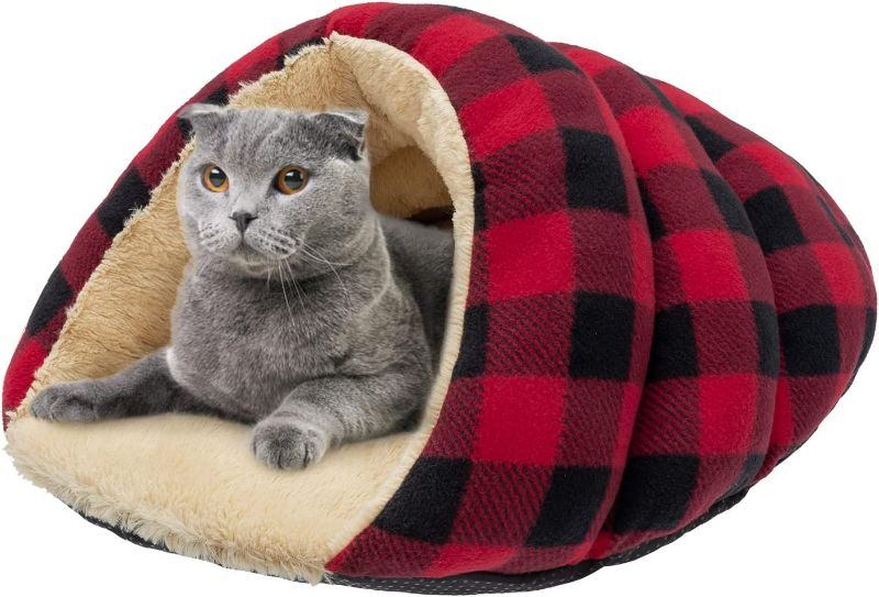 Photo 1 of BEAUTYZOO Cat Cave Beds for Indoor Cats & Small Dogs, Buffalo Plaid Window Cute Self-Warming Cat Cuddler Sleeping Beds Furniture for Christmas Winter, Covered Hoody and Washable Cushion for Kitten