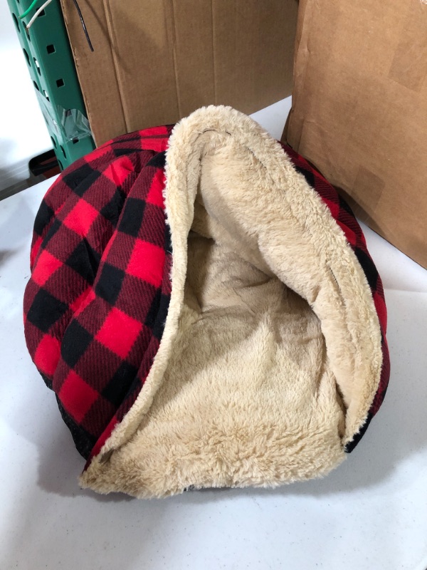 Photo 2 of BEAUTYZOO Cat Cave Beds for Indoor Cats & Small Dogs, Buffalo Plaid Window Cute Self-Warming Cat Cuddler Sleeping Beds Furniture for Christmas Winter, Covered Hoody and Washable Cushion for Kitten