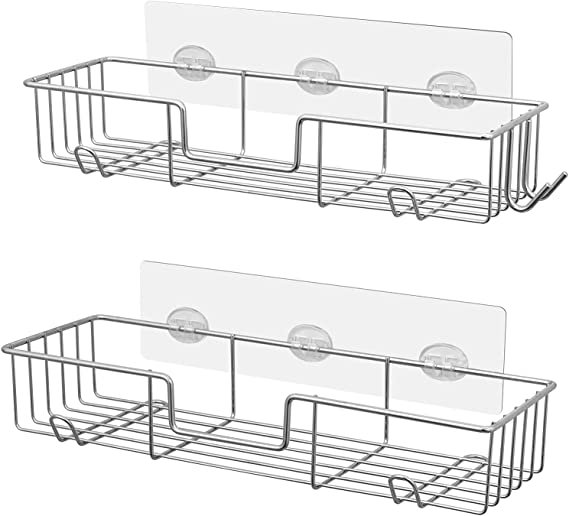Photo 1 of AmazerBath Adhesive Shower Caddy Basket Rack with Hooks, Shower Shelf Wall Mounted, No Drilling Shower Organizer for Bathroom, Rustproof Stainless Steel , 2 Pack, Chrome