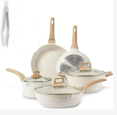 Photo 4 of **USED**CAROTE Pots and Pans Set Nonstick, White Granite Induction Kitchen Cookware Sets, 10 Pcs (PFOS, PFOA Free)
