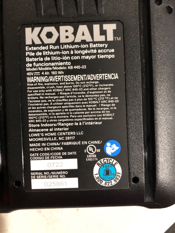 Photo 3 of Kobalt 40-Volt 4-Amps 4.0ah Rechargeable Lithium Ion (Li-Ion) Cordless Power Equipment Battery