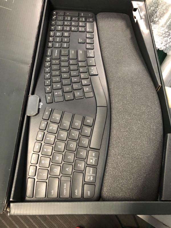 Photo 1 of Logitech ERGO K860 Wireless Ergonomic Keyboard - Split Keyboard, Wrist Rest, Natural Typing, Stain-Resistant Fabric, Bluetooth and USB Connectivity, 
