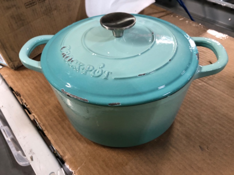 Photo 2 of ***DAMAGED*** Crock-Pot Artisan Round Enameled Cast Iron Dutch Oven, 5-Quart, Aqua 5-Quart Aqua Blue