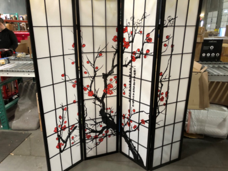 Photo 2 of [notes!] Roundhill Furniture Black Japanese 4-Panel Screen Room Divider, Plum Blossom 18"W x 71"H