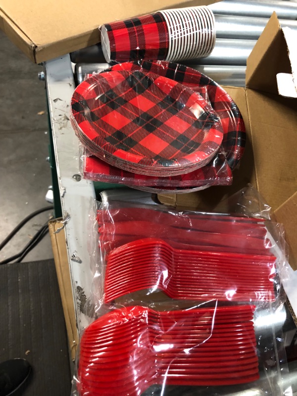 Photo 2 of DECORLIFE Lumberjack Party Supplies Serves 16, Wild One Buffalo Plaid Party Supplies, Red and Black Plaid Plates for Lumberjack Birthday, Flannel Party