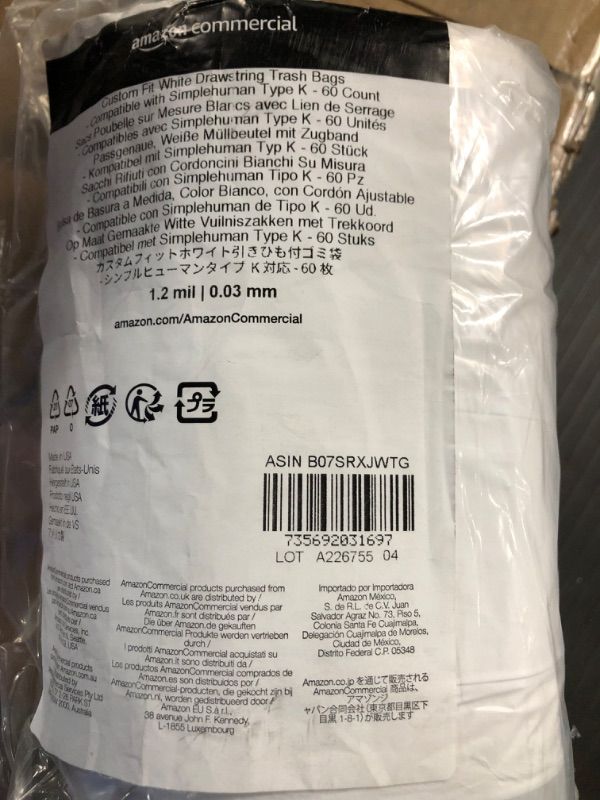 Photo 1 of ?Amazon Commercial - AMZB-13GW-1.2MDS-SHK Custom Fit White Drawstring Trash Bags - Compatible with simple human Type K - 1.2 MIL - 60 Count white 