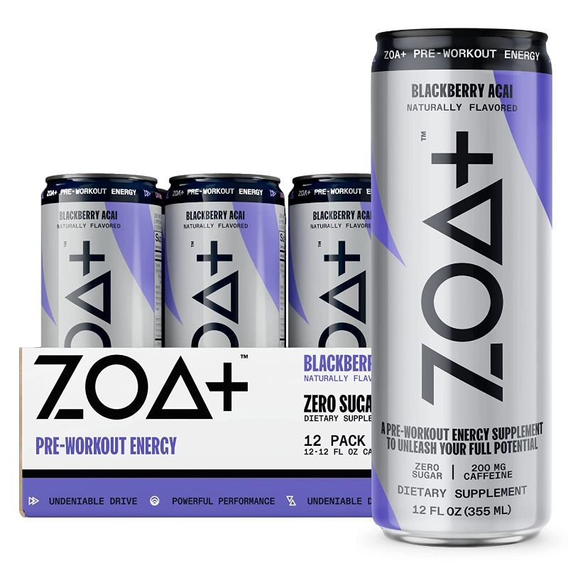 Photo 1 of (EXP 3/29/23) ZOA Plus Sugar-Free Pre-Workout Drink 12 PK ACAI BLACKBERRY