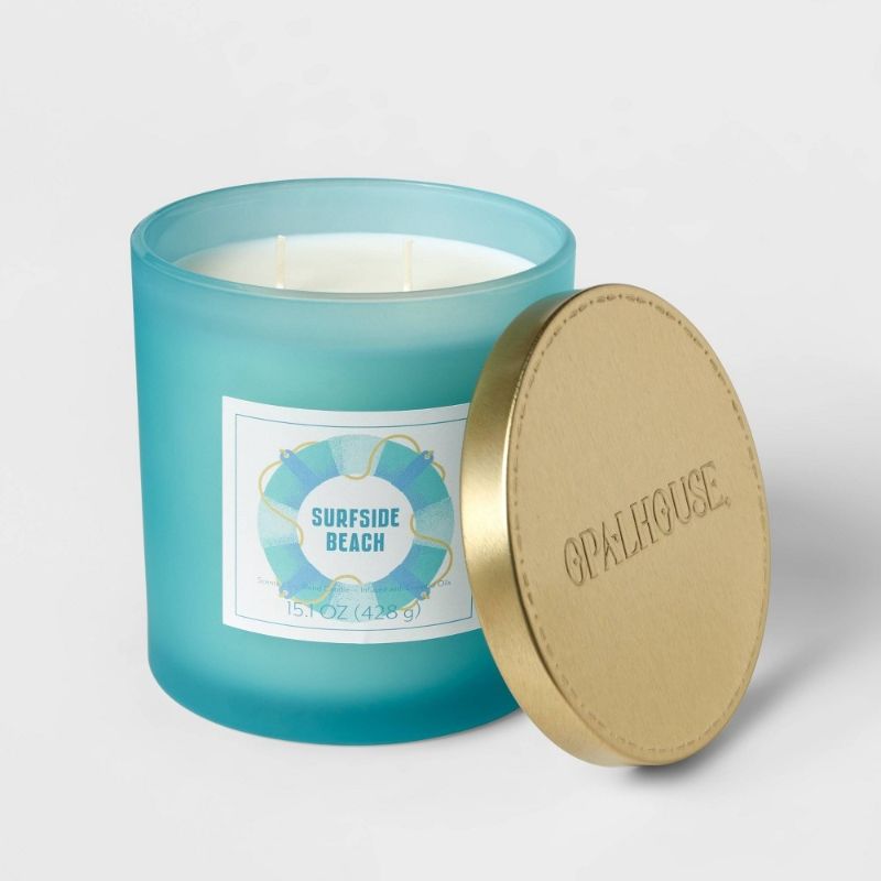 Photo 1 of 15oz Lidded Glass Jar 3-Wick Candle Life Preserver Graphic Label Surfside Beach Light Teal Green - Opalhouse™