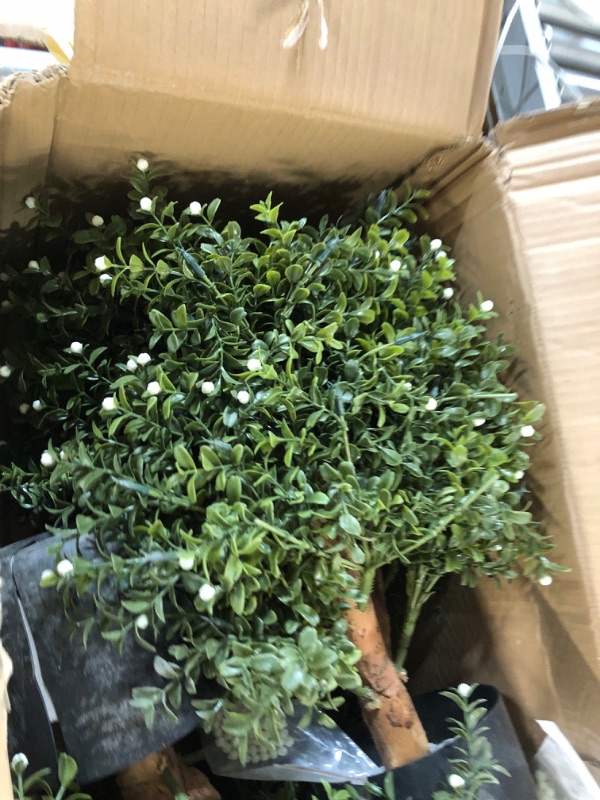 Photo 2 of * DAMAGED * Two 24''T Artificial Boxwood Topiary Ball UV Resistant Artificial Boxwood Plants for Indoor Outdoor Home Garden (White) White Flowers