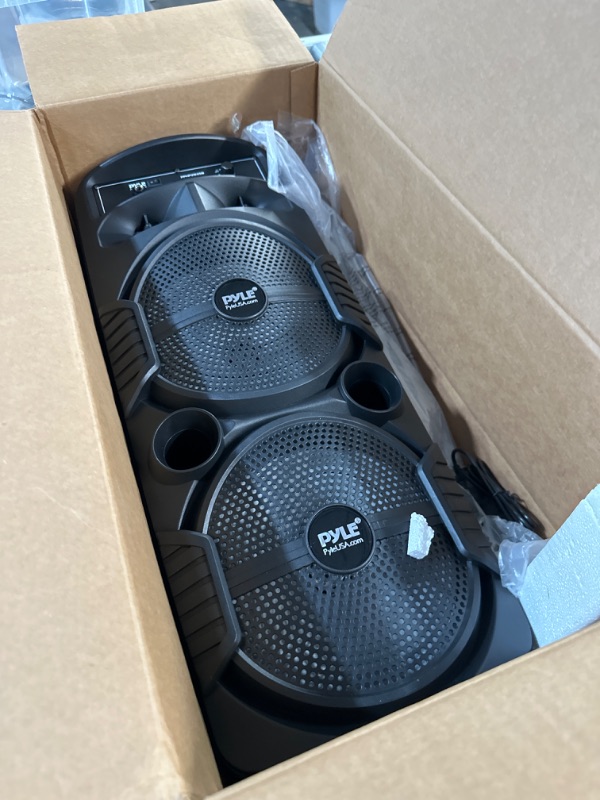 Photo 2 of Pyle Portable Bluetooth PA Speaker System - 600W Rechargeable Outdoor Bluetooth Speaker Portable PA System w/ Dual 8” Subwoofer 1” Tweeter, Microphone In, Party Lights, USB, Radio, Remote - PPHP2835B