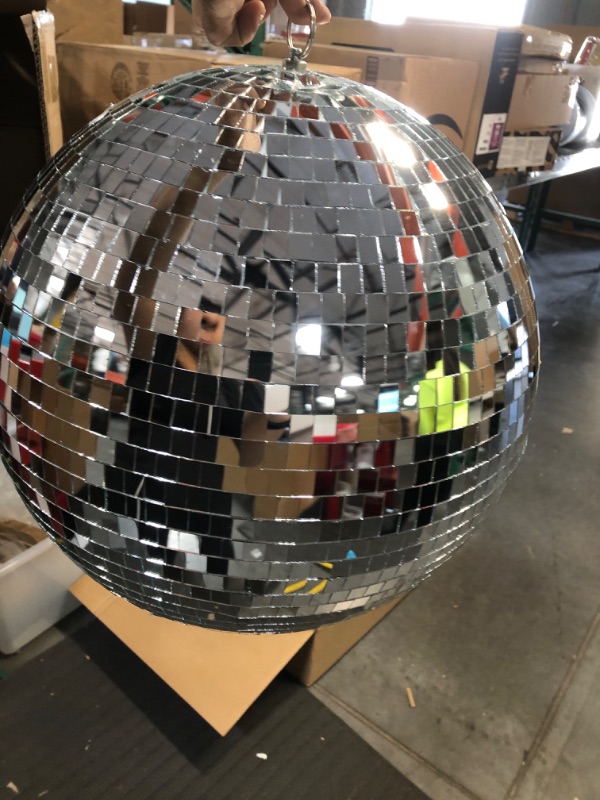 Photo 2 of  Large Disco Ball 16 Inch Glass Mirror Disco Party Ball Jumbo Ball with Hanging Ring Rotating Disco Ball Silver