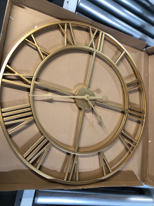 Photo 5 of 1st owned Large Wall Clock Metal Retro Roman Numeral Clock - CRACK ON BACK SIDE BOX IN MIDDLE, UNABLE TO TEST