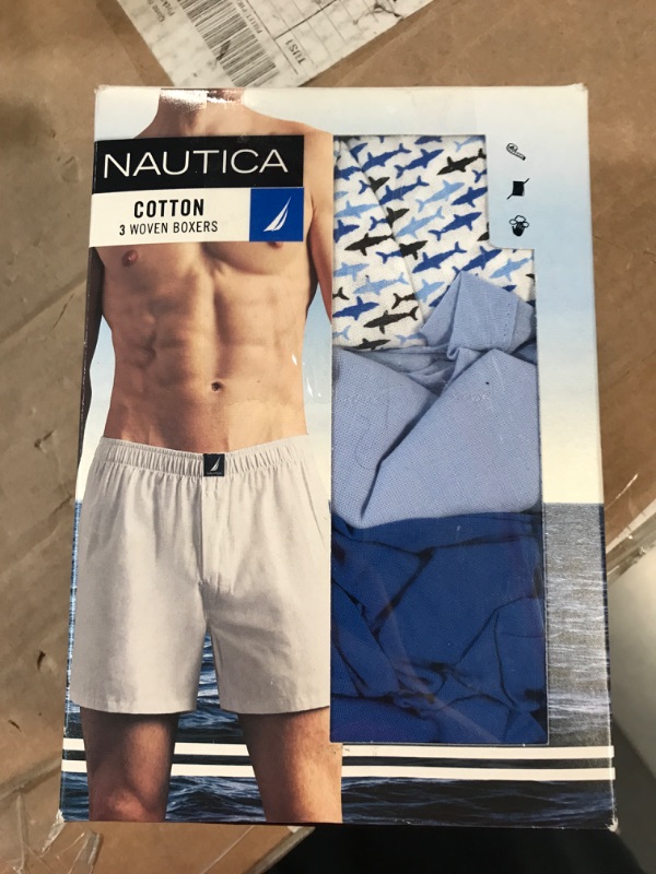 Photo 2 of Nautica Men's Cotton Woven 3 Pack Boxer Large Noon Blue/Spinner Blue/Shark Print Peacoat