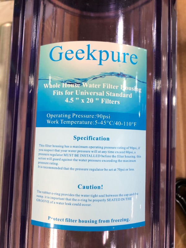 Photo 2 of [Like New] Geekpure 20-Inch Whole House Water Filter Housing-Fit 4.5" x 20" Filters-3/4" Port