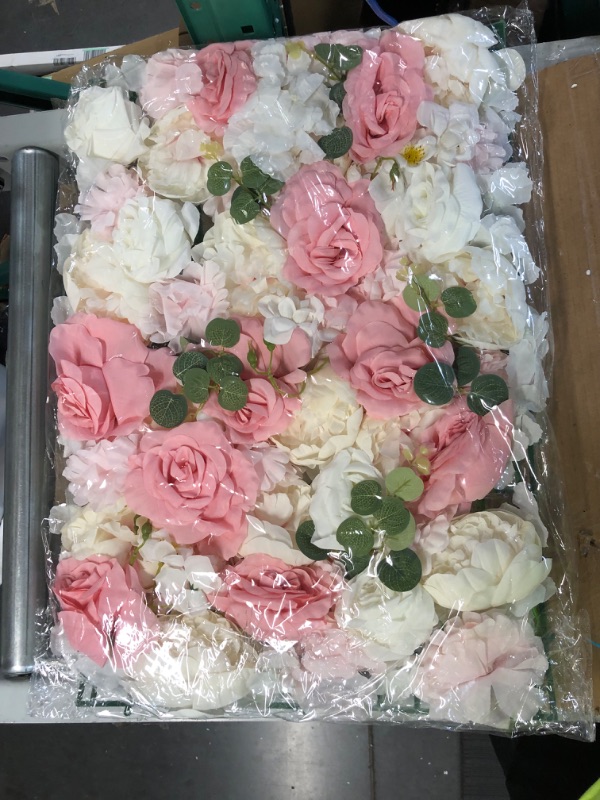 Photo 2 of [Like New] Nuptio Flower Wall Panel for Flower Wall Backdrop, 12 Pcs 24" X 16" White & Pink Faux (Artificial) Roses