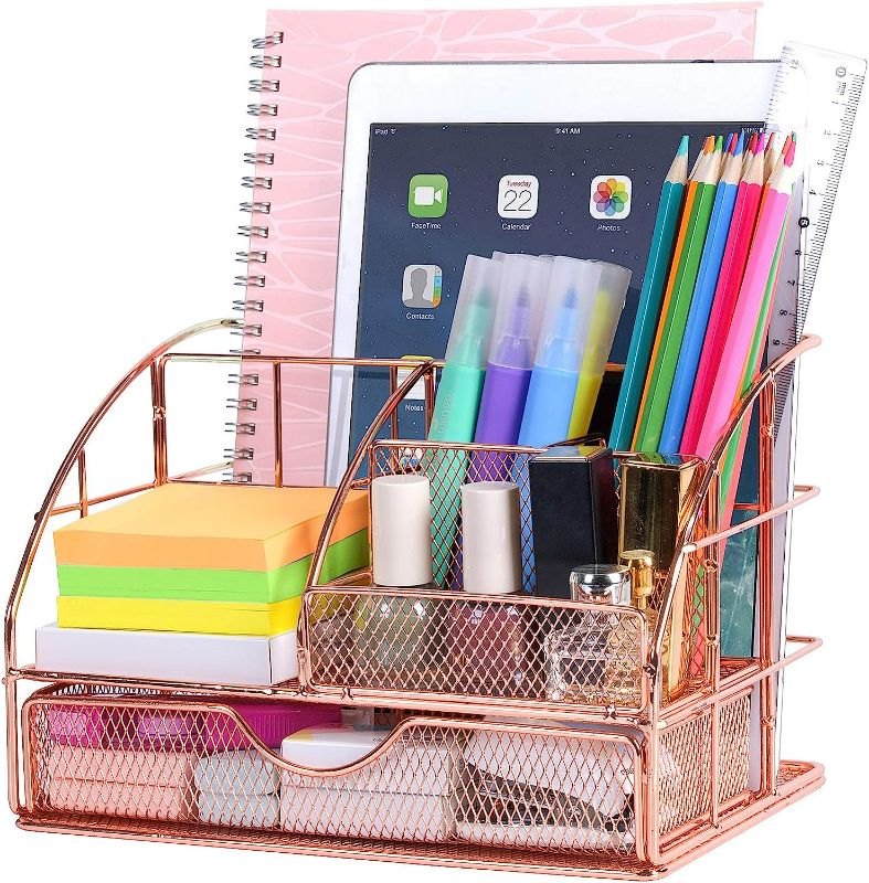 Photo 1 of POPRUN Upgraded Desk Organizer for Women, Cute Mesh Office Supplies Accessories Essentials Caddy with Drawer for Home & Office Desktop Organization & Decor, Rose Gold
