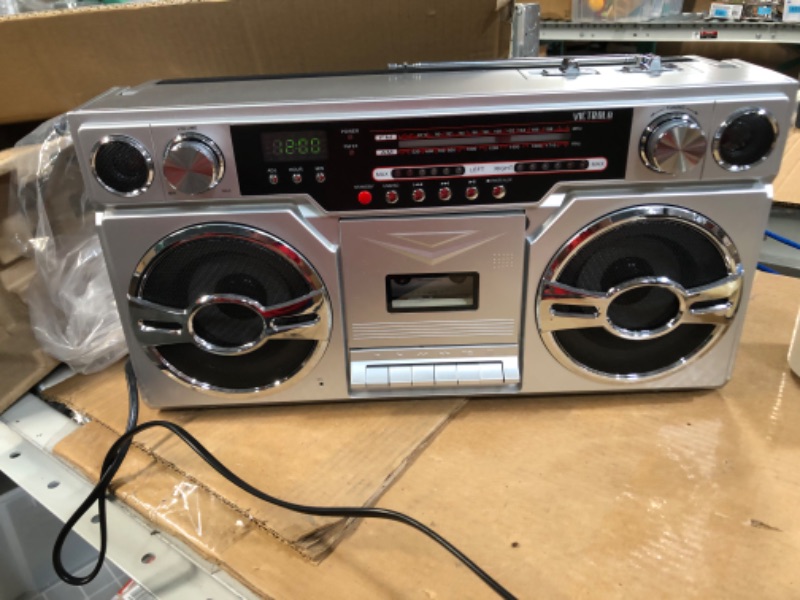 Photo 2 of Victrola 1980s Retro Bluetooth Boombox with Cassette Player and AM/FM Radio, Silver