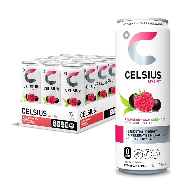 Photo 1 of (EXP 04/24) CELSIUS Raspberry Acai Green Tea, Functional Essential Energy Drink 12 Fl Oz (Pack of 12)