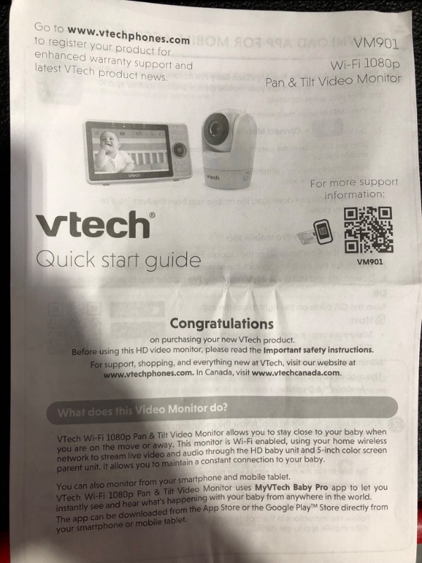 Photo 4 of **SEE NOTES**
VTech Upgraded Smart WiFi Baby Monitor VM901, 5-inch 720p Display, 1080p Camera, HD Night Vision, Fully Remote Pan Tilt Zoom, 2-Way Talk, Free Smart Phone App, Works with iOS, Android