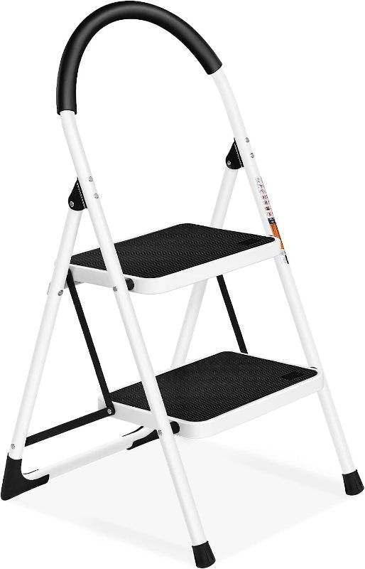 Photo 1 of USED: 2 Step Ladder, SPIEEK Folding Step Stool with Extra Wide Anti-Slip Pedal, 330lbs Lightweight Portable Sturdy Steel Ladders with Handgrip for Household Kitchen Office Outdoor, White
